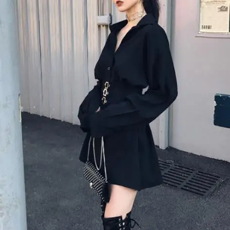 Осенний Черный Пояс женская рубашка женская блузка Топ Harajuku тонкая талия женские рубашки Туника женские блузки blusas mujer LJ72