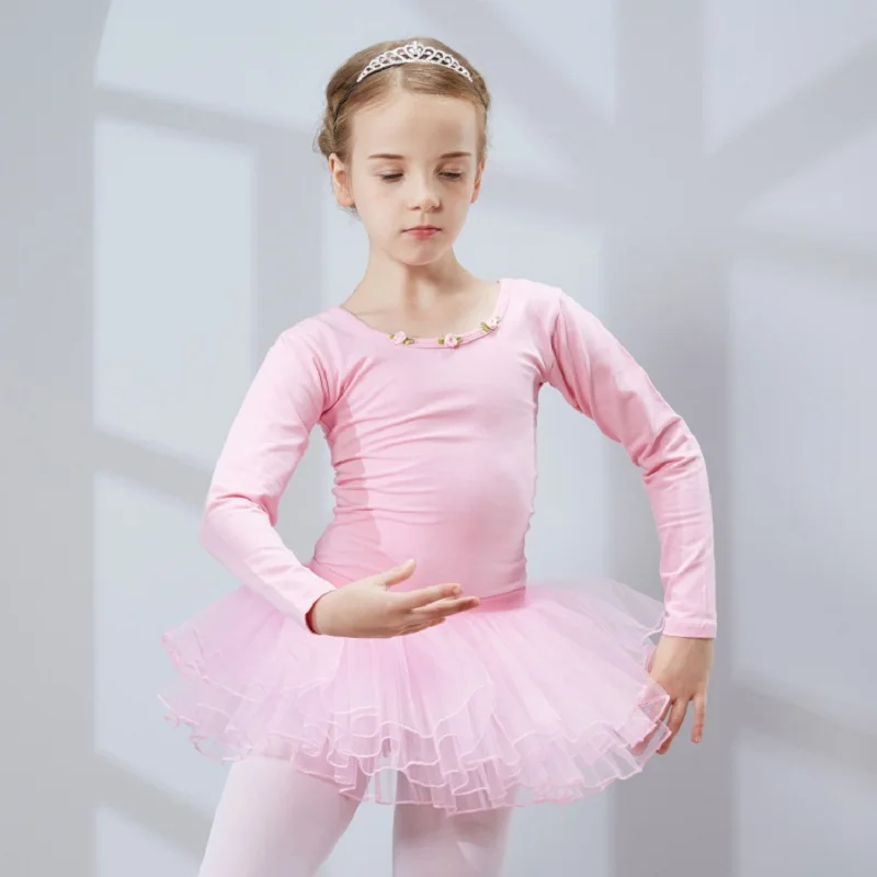 

Long Sleeve Toddler Stage Performance Dress,Dance Dress for Girls, Cotton Ballet Dancewear w Tulle, Kids Tutu Dress,Dance Skirts