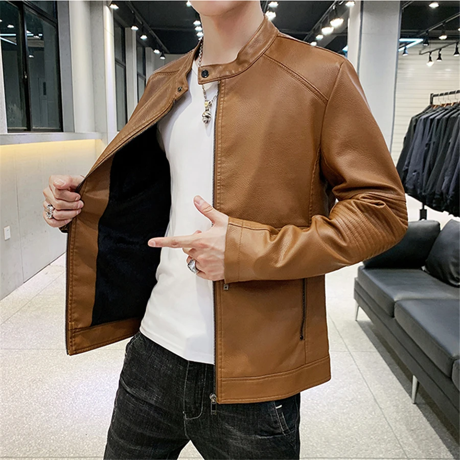  Autumn Winter Plus Velvet Faux Leather Jacket Men Motorcycle Coats Size XXL XXXL Pure Color Slim Fi