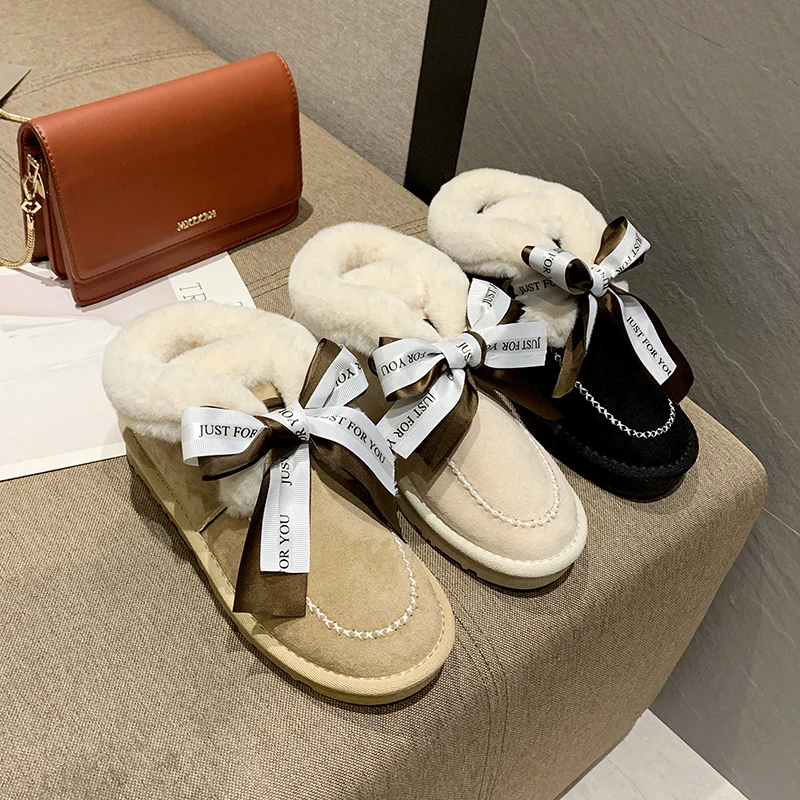 Зимние ботинки женская зимняя обувь Бархатная обувь хлопковая обувь с толстым бантом прогулочная обувь Размеры 35-40