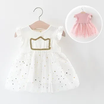 

New summer girls dress Infant Baby Girls Fly Sleeve Crown Embroidery Star Tulle Princess Dress Ears Suit Babies Girl Clothes