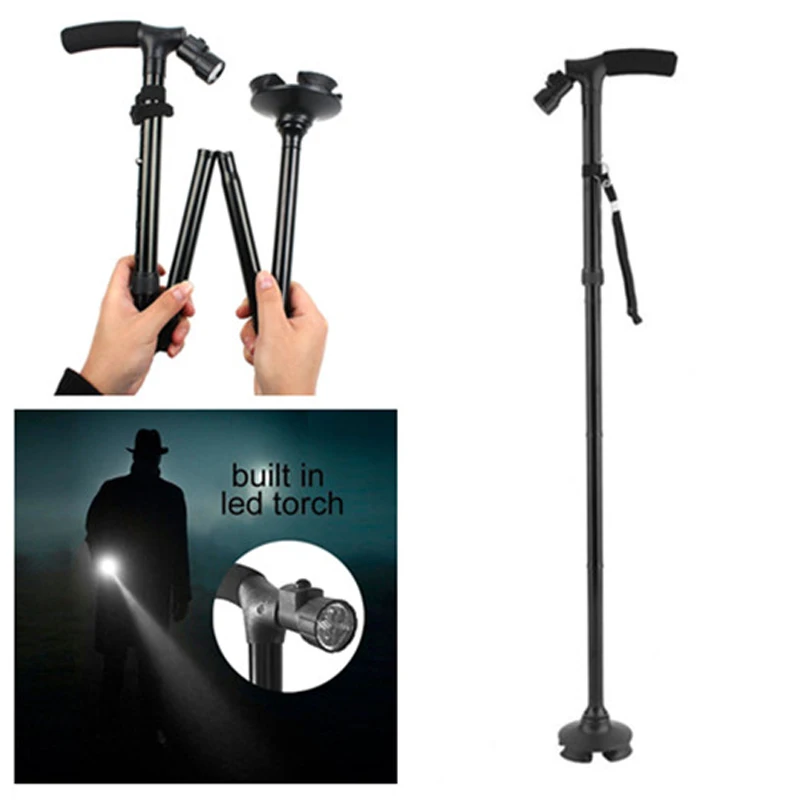 Walking Stick Folding Cane with Light Free Standing Hiking Anti Slip Metal Travel Stick LED Outdoor Height Adjustable Foldable