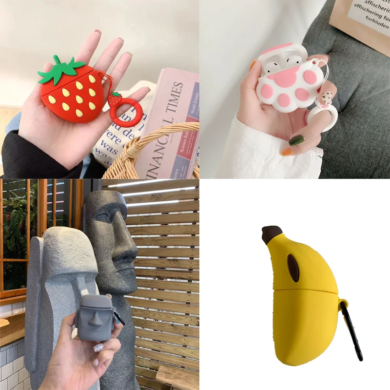 Banana Cartoon For airpods case Silicone Cover Stone Statue Cat Paw Case Cute Earphone 3D Headphone Protective | Электроника