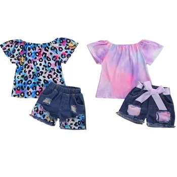 

1-6Y Summer Fashion Kids Girls Clothes Set Leopard/Tie-dye Print Ruffles Sleeve Pullover T Shirts Top Denim Shorts Children Sets