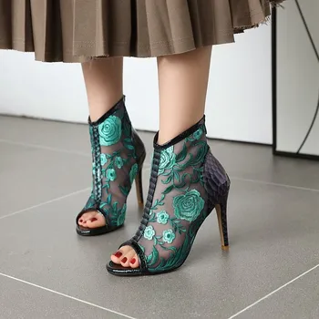 

Womens Peep Toe Embroidery Floral Mesh Ankle Boots Stilettos High Heel Shoes Summer Breathable Plus Size 34-46 3Colors