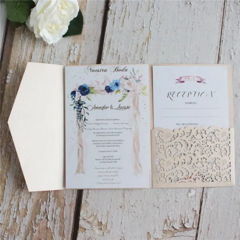 Современная Лазерная резка, для свадьбы Пригласительные открытки высокого качества персонализированные Полые Цветы Свадебное приглашение карты 50 шт - Цвет: soft pink
