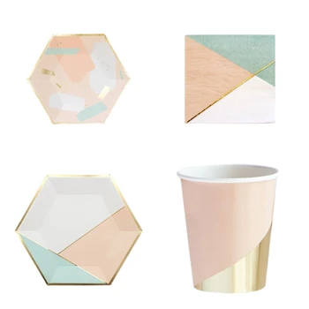 

40 Pieces/Set Baby Pink Blue Hexagon Disposable Plates Picnic Plate Cup Napkin Dinnerware Set