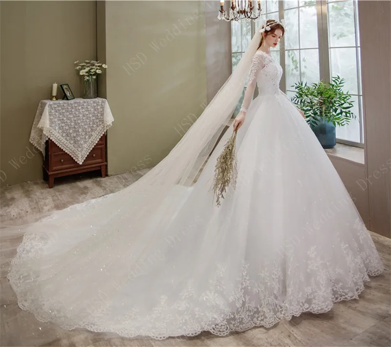 свадебное платье Lace Embroidery Wedding Dress With Long Sleeve Train Real Vedio Gown V Neck Elegant Plus Size Vestido De Noiva tea length wedding dress