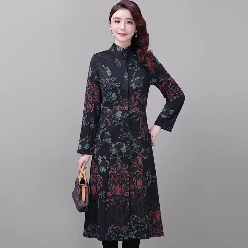 

2020 Spring And Autumn New Style Large Size Dress Literature And Art Retro National Wind Printed Long over-the-Knee WOMEN'S Dust