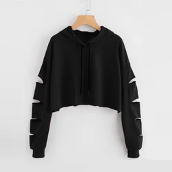 2022 womens sweatshirt recorte rasgado streetwear manga longa hip pop jumper casual pulôver blusa sólida