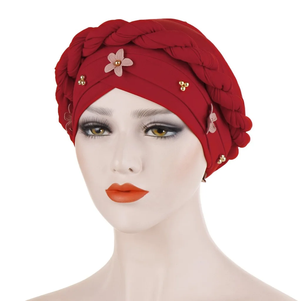 

Amazon New Style ou natural detox bao Cap Twist Braid Turban Hat Flower Nail Gold Pearl Muslim Cap
