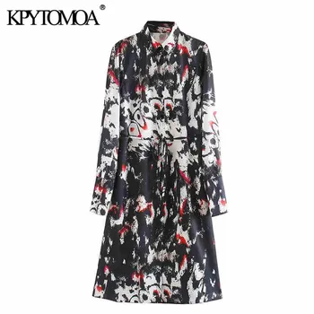 

KPYTOMOA Women 2020 Vintage Elegant Bow Tie Sashes Print Midi Shirt Dress Lapel Collar Long Sleeve Female Dresses Chic Vestidos
