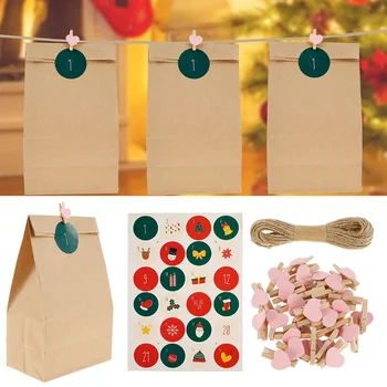 

24pcs Christmas Kraft Paper Gift Bags Home Candy Bag Festive Supplies Holders Stickers Mini Wooden Peg Jute Cord for Party Favor