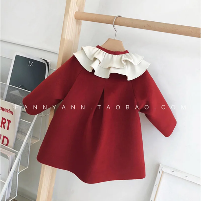 Chen Mother Infant Children's Clothing Red Christmas New Year-Baby Girls Ruffled Collar Woolen Jacket plus Velvet CHILDREN'S Coa