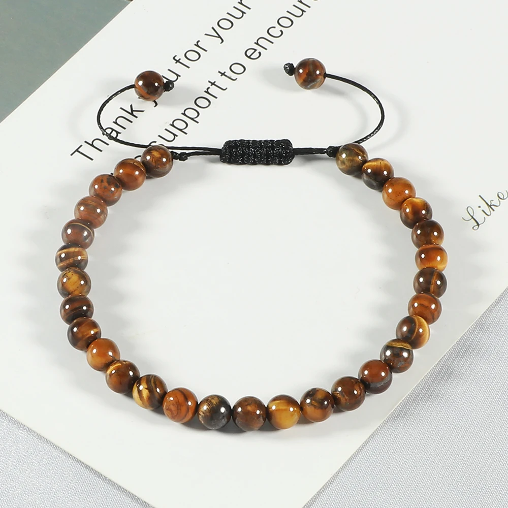 Natural Stone Bracelet 6mm Men Women Charm Tiger Eye Black Beads Braided Bangle Adjustable Yoga Jewelry