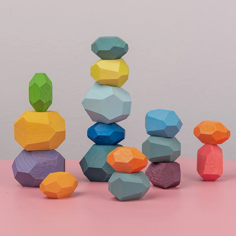 Children Colored Stone Jenga Stacking Blocks Educational Toy Creative Nordic Style Rainbow Stone Wood Blocks Baby Wooden Toys