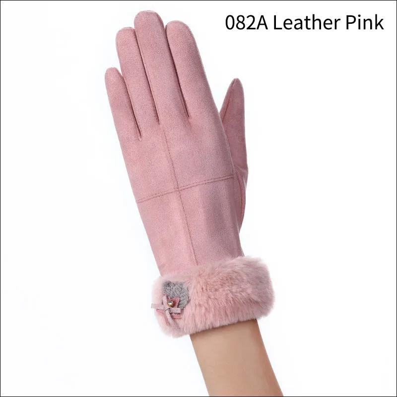 082A Leather Pink Зимние ветрозащитные двухслойные меховые женские перчатки с мультяшной вышивкой замшевые варежки с сенсорным экраном двойные толстые плюшевые перчатки для вождения - Цвет: 082A Leather Pink