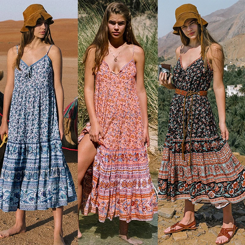 

Spring / summer 2020 new cross border Bohemian print loose V-neck panel large swing suspender dress for women