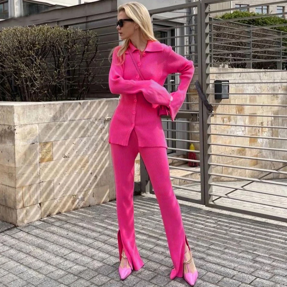 High Quality Fashion Women'S Knitted Slim 2 Two-Piece Set 2021 Spring Sexy V Long-Sleeved Button Top + Pants Casual Suit skirt suit set