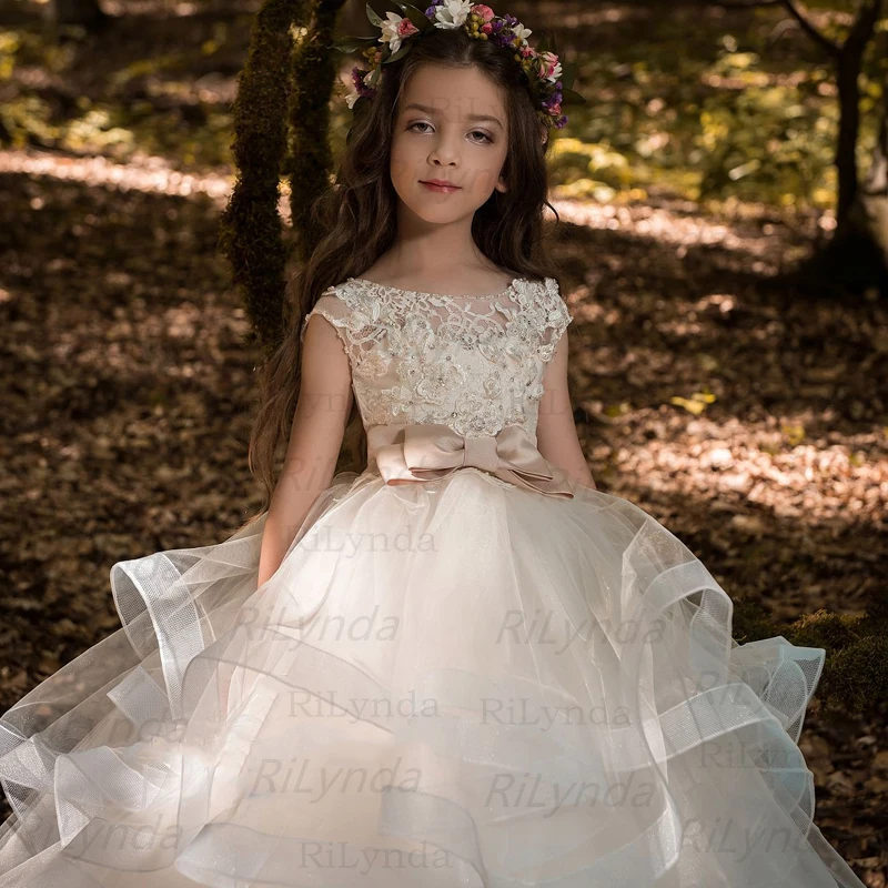 Flower Girl Dresses Tulle 2023Beading Appliqued Pageant Dresses For Girls First Communion Dresses Kids Prom Dresses