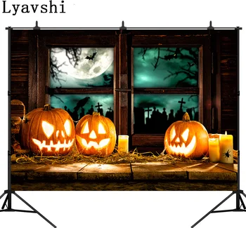 

Lyavshi Halloween background scary pumpkin lantern wooden board with candles in front of the window photography background