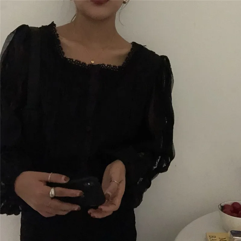 Шикарная кружевная рубашка с квадратным воротником и рукавом-фонариком, простая однобортная универсальная женская рубашка, осенне-зимняя женская блузка, рубашка