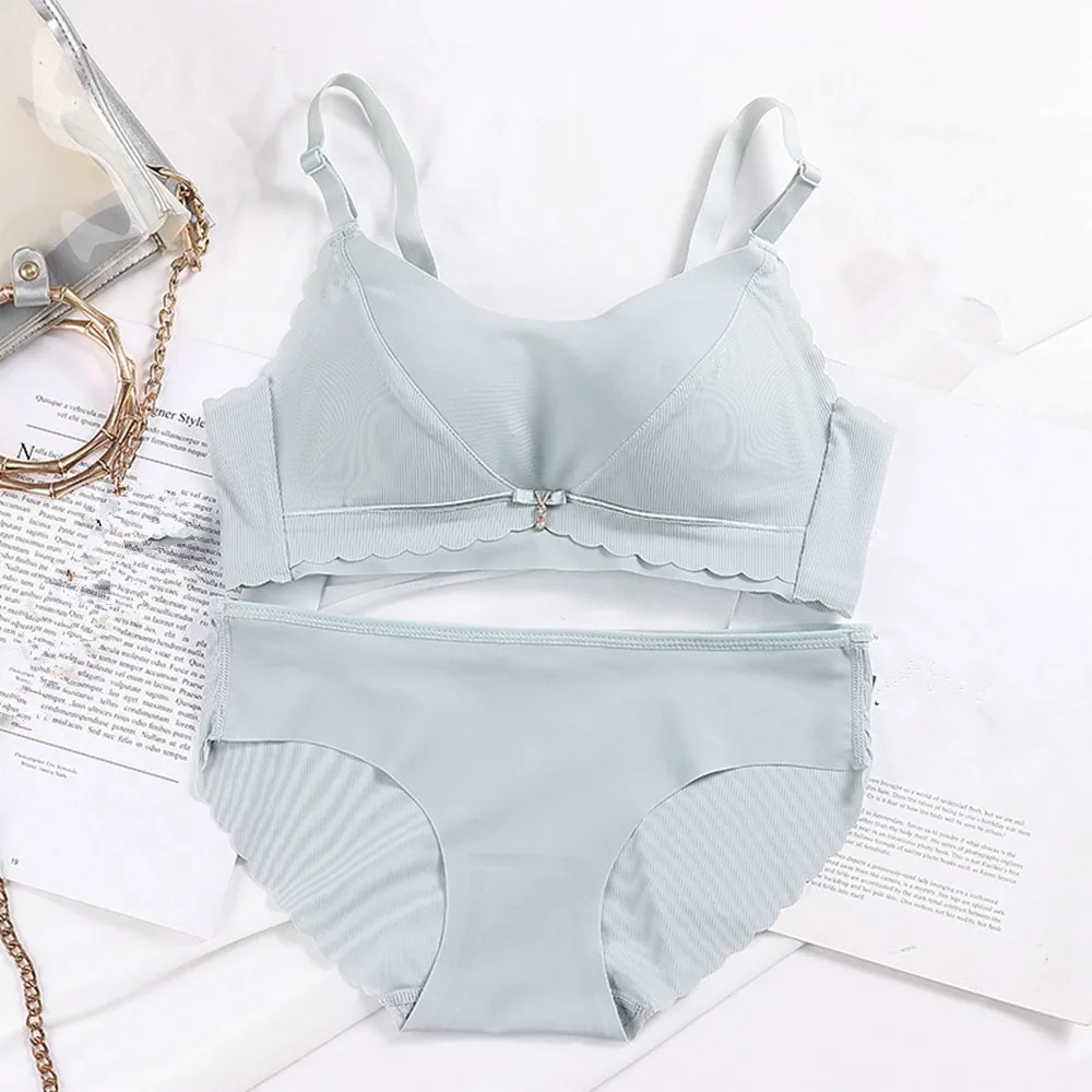 Women Underwear high quality Push up Bra One piece Seamless Simple Solid Color No Rims Adjustable Straps 3/4 Cup lingerie set - Цвет: Серый