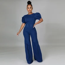 

Elegant Puff Sleeve Women Jumpsuits Sexy Backless Bandage Flare Pants Solid Denim Overalls Casual Streetwear Female Jeans Romper