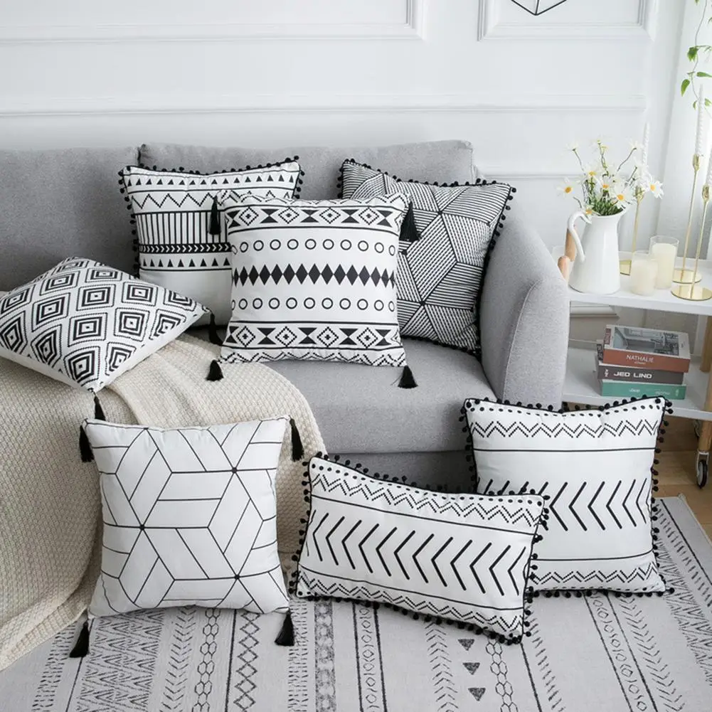 

Simple Decorative Cushion Cover White Black Rectangle Pillow Cover Soft 45x45cm 30x50cm Soft Geometric Pom Pom Ball Fringe