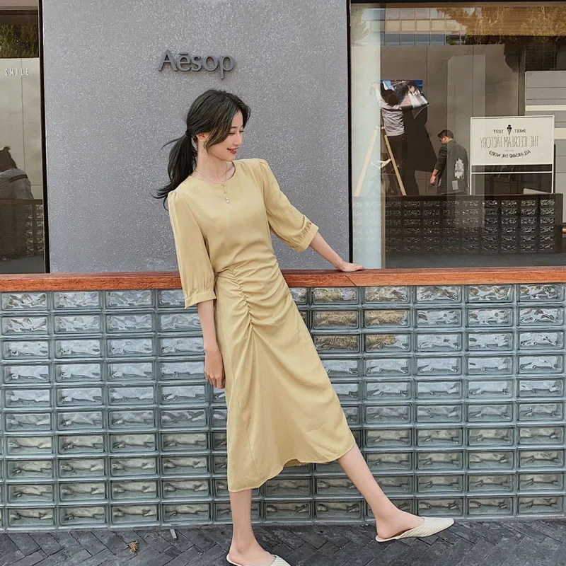 Elegant Office Summer White Dress Women 2020 New Korean Folds Slim Mid-Length Dress Ladies A-Line Short Sleeve Dress Female