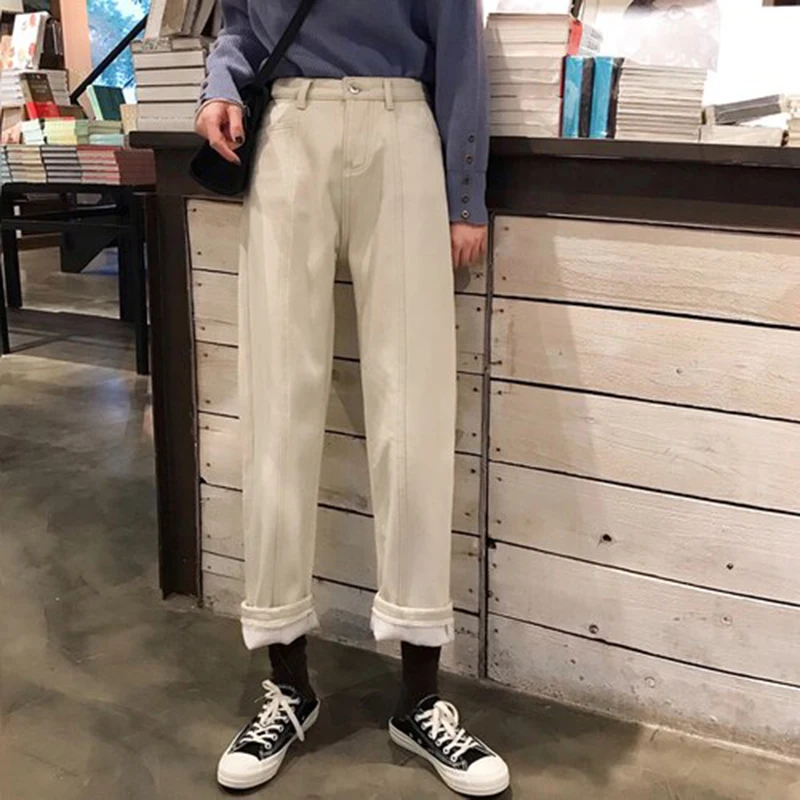 Новые зимние женские повседневные джинсы с высокой талией, утолщенные прямые свободный хлопчатобумажный из денима штаны-шаровары, женские брюки высшего качества S309