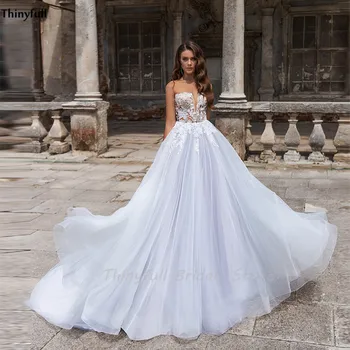 

Thinyfull 2021 Lace Appliques Wedding Dresses Illusion A-Line Arabic Princess Customized Robe Mariage Gowns Vestido Bridal Dress