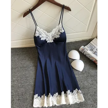 

Female Sexy Silk Satin Lingerie V Neck Sling Lace Nightdress Sleepwear Sling Women Nightgown Solid Babydoll Silk Night Dress