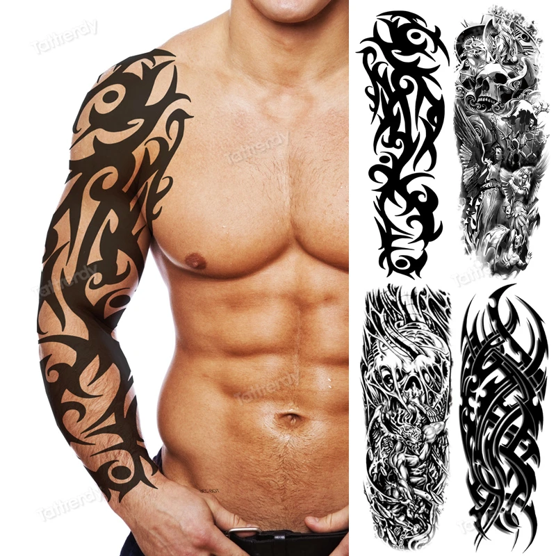 Vollen Arm Temporare Tattoos Grosse Totem Tribal Big Sleeve Tattoo Aufkleber Korper Kunst Sexy Drachen Tiger Lion King Tattoo Designs Manner Temporare Tattoos Aliexpress