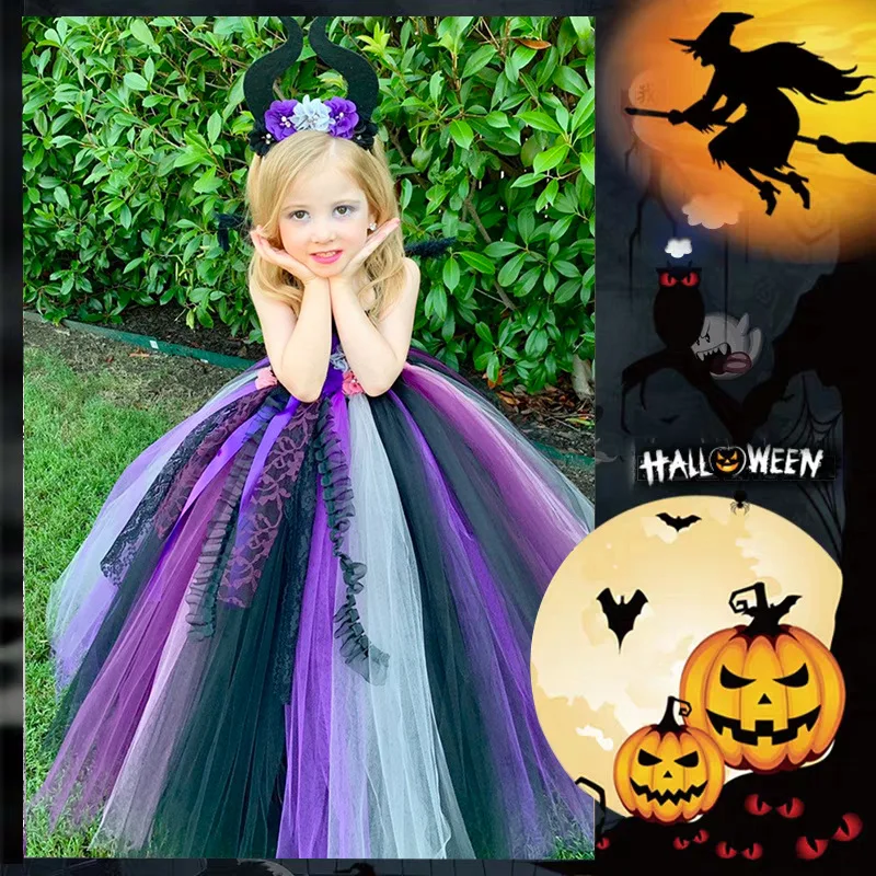 

2021 New Hot Maleficent Witch Cosplay Costume Disneyland Animated Movie Princess Costume Girls Performance Stage Dress Kids