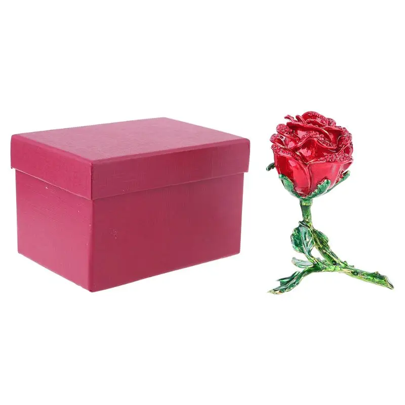Цветок розы Статуэтка с горным хрусталем орнамент-ювелирные изделия шарнирная коробка(красный