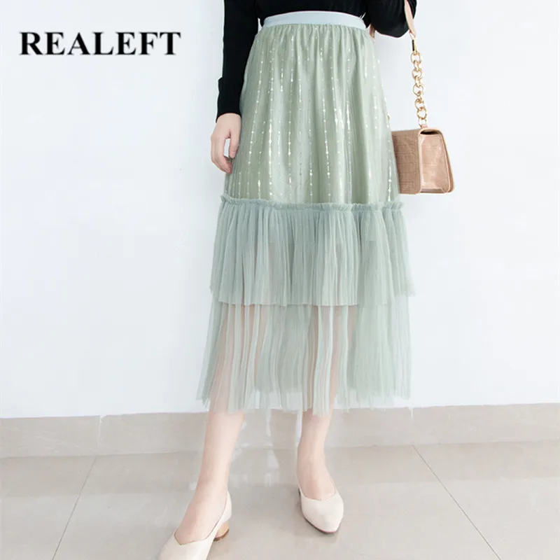 REALEFT High Waist Elastic Midi Skirts New Arrivals Autumn Spring Mesh Patchwork Fashion Pleated Skirts Female