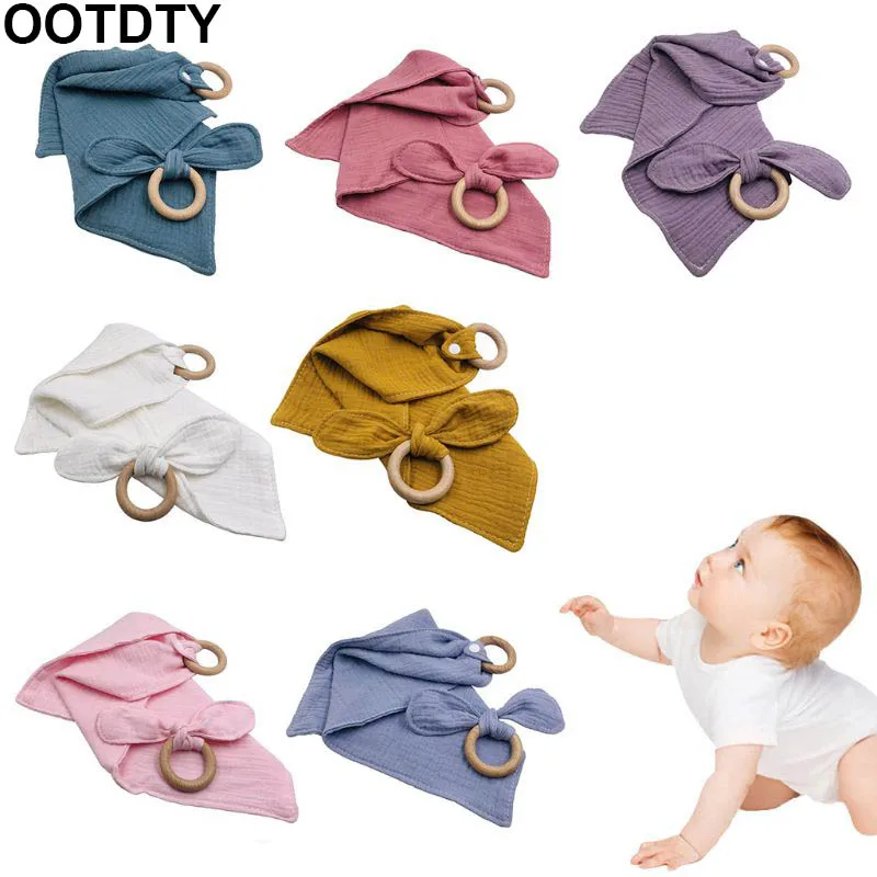 Bébé coton bavoirs hêtre anneau en bois sucette lapin lapin oreille dentition salive serviette dentition mâcher sucette molaire Kit bébé jouets (lot de 2)