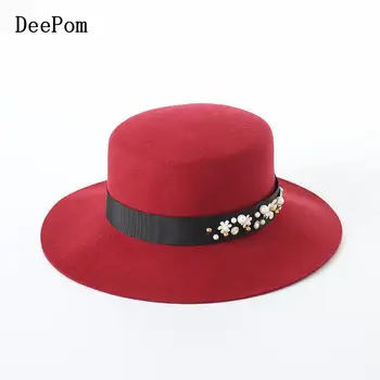 

DeePom Autumn Winter Hats For Women Flat Top Wide Brim Wool Fedora With Pearl Flower Elegant Vintage Black Lady Hat Femme