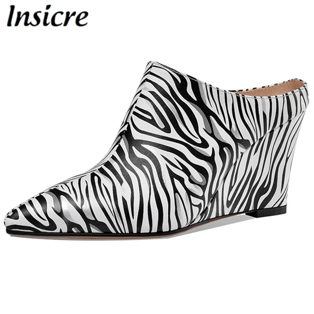 

Insicre Zebra Pattern Wedges Heel Pointed Toe Mules Cow Leather 2020 Spring High Heels Women Pumps Slip On Fashion Slippers