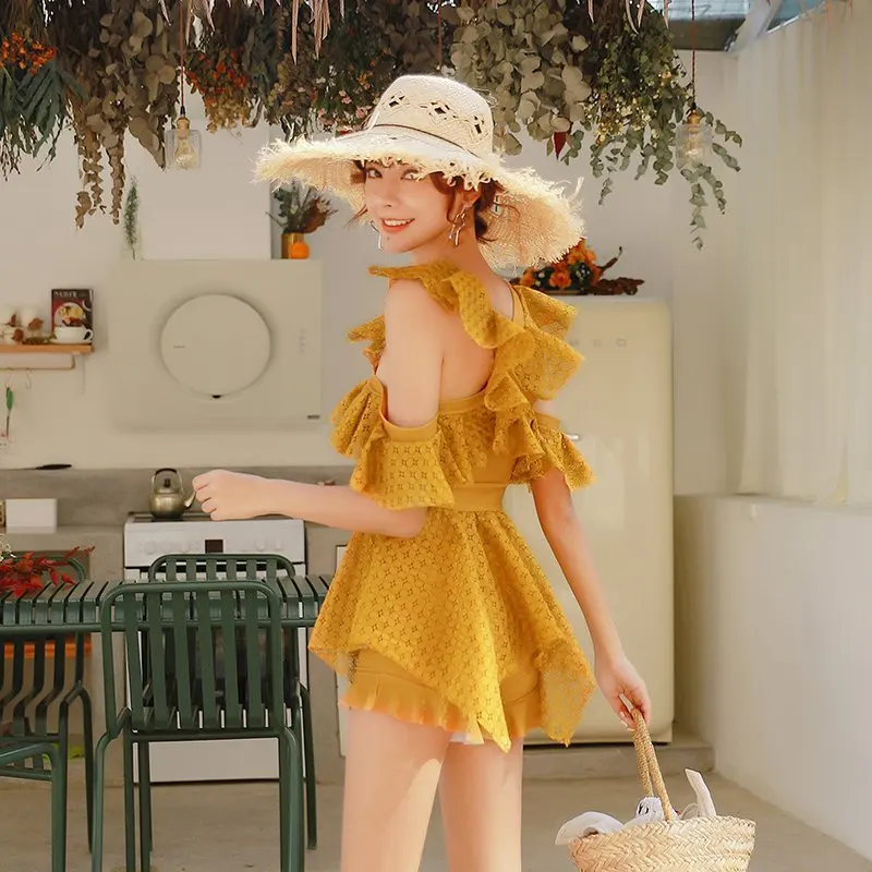 

2019 Swimsuit Women's Split Skirt-Two-Piece Set Ginger Lace Small Bust Gathering Slimming Belly Covering Hot Springs Swimwear