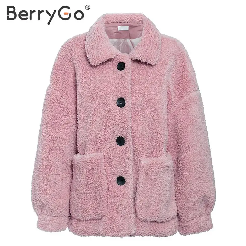 Розовый BerryGo, модное плюшевое Женское пальто из искусственного меха, шикарные вечерние женские пальто на пуговицах с большими карманами, осенне-зимняя женская теплая куртка - Цвет: Розовый