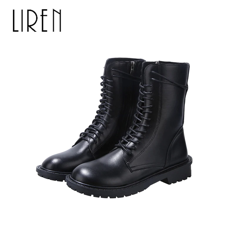 

Liren 2019 Winter Women Fashion Ankle Lace-up Boots Round Wrapped Toe Low Flat Heels PU Lady Comfortable Winter Keep Warm Boots