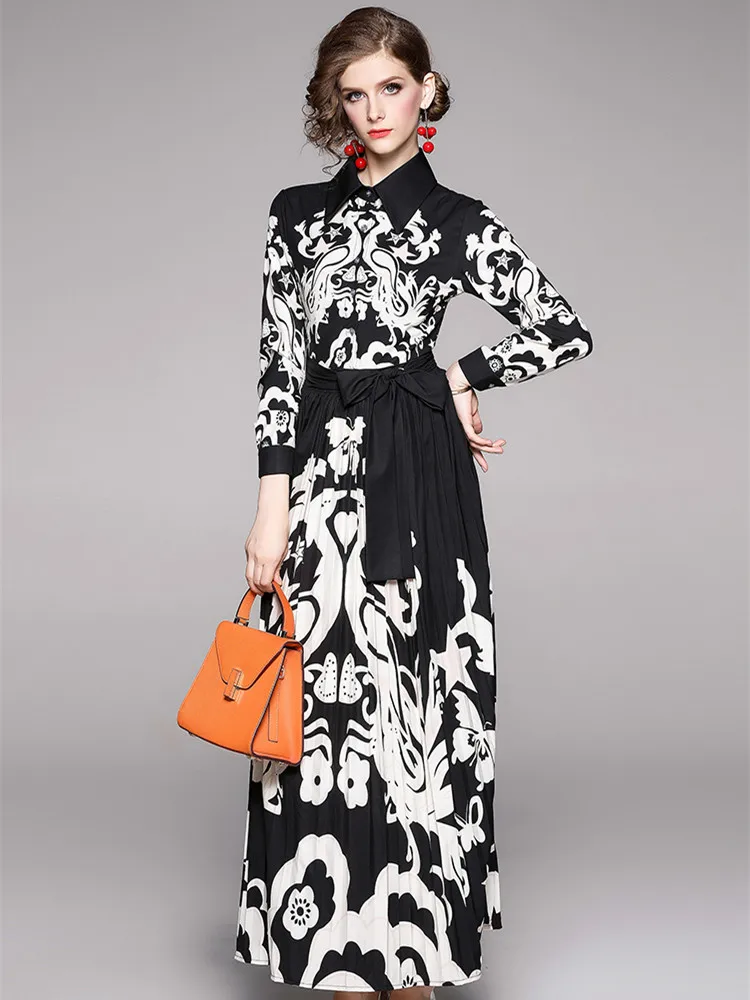 Fashion Designer Autumn Winter Maxi Dress Women's Long Sleeve Bow Tie Collar Vintage Printed Elegant Pleated Long Dress