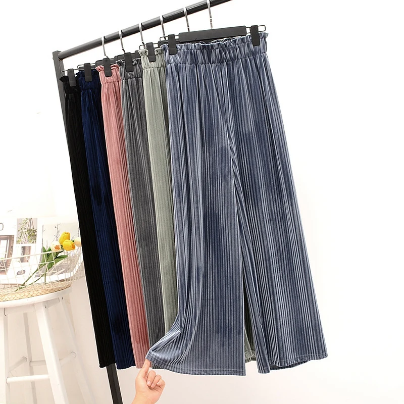 

Women velvet Trousers Wide Leg Loose Pants Ankle Length Pants Casual trouser Elastic Waist Plus Size Pants
