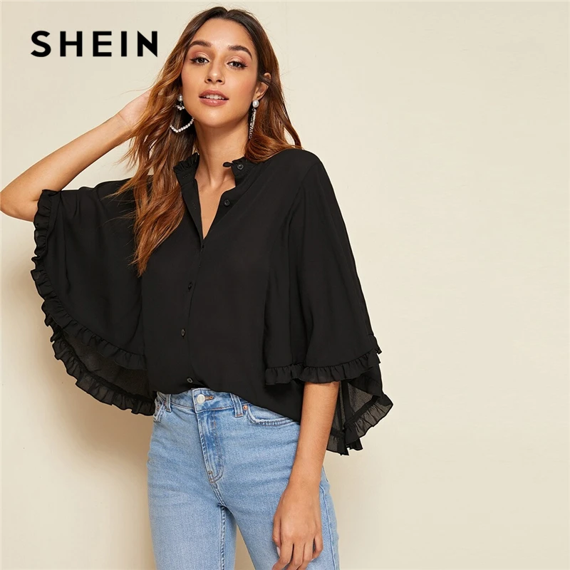 Online SHEIN negro volante cuello botón frontal capa manga Top mujer Blusa de gasa otoño sólido media manga Casual y blusas Tops