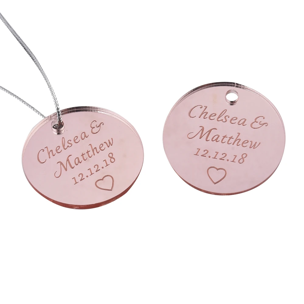 Rose Gold With Hole 100 шт. персонализированное гравированное Зеркало Круглый Свадебные бирки 40/45/50 мм на выбор для крещения тег Baby Shower подарок услуга вечерние Декор красочные - Цвет: Rose Gold With Hole