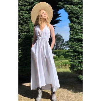 

Highstreet White Dress Women Summer Long Sexy V Neck Sleeveless Casual Dress 2020 High Waist Big Swing a Line Elegant Dress New