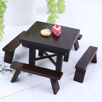 

Hot sale 1 Set Wooden Color Miniature Dining Table Chair Wooden Furniture Set for 1:12 Dollhouse