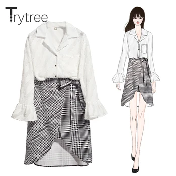 

Trytree Spring Autumn Women Two Piece Set Casual Turn-down Collar Flare Sleeve Lace Tops + Skirt Plaid Irregular 2 Piece Set